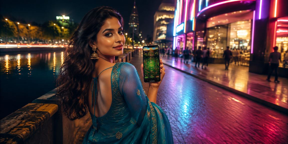 Indian woman enjoying mobile casino app in Delhi's bustling Connaught Place area