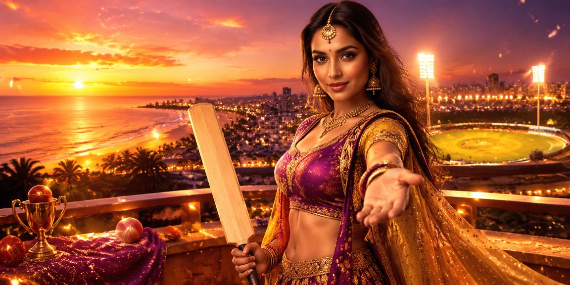 Mobile beach user placing cricket bets in India, vibrant red and gold theme